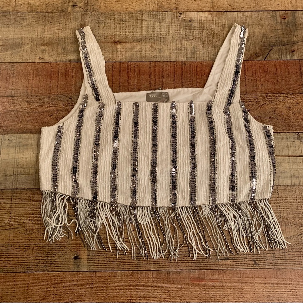 ASOS sequin stripe tank top crop top with bead fringe - 12